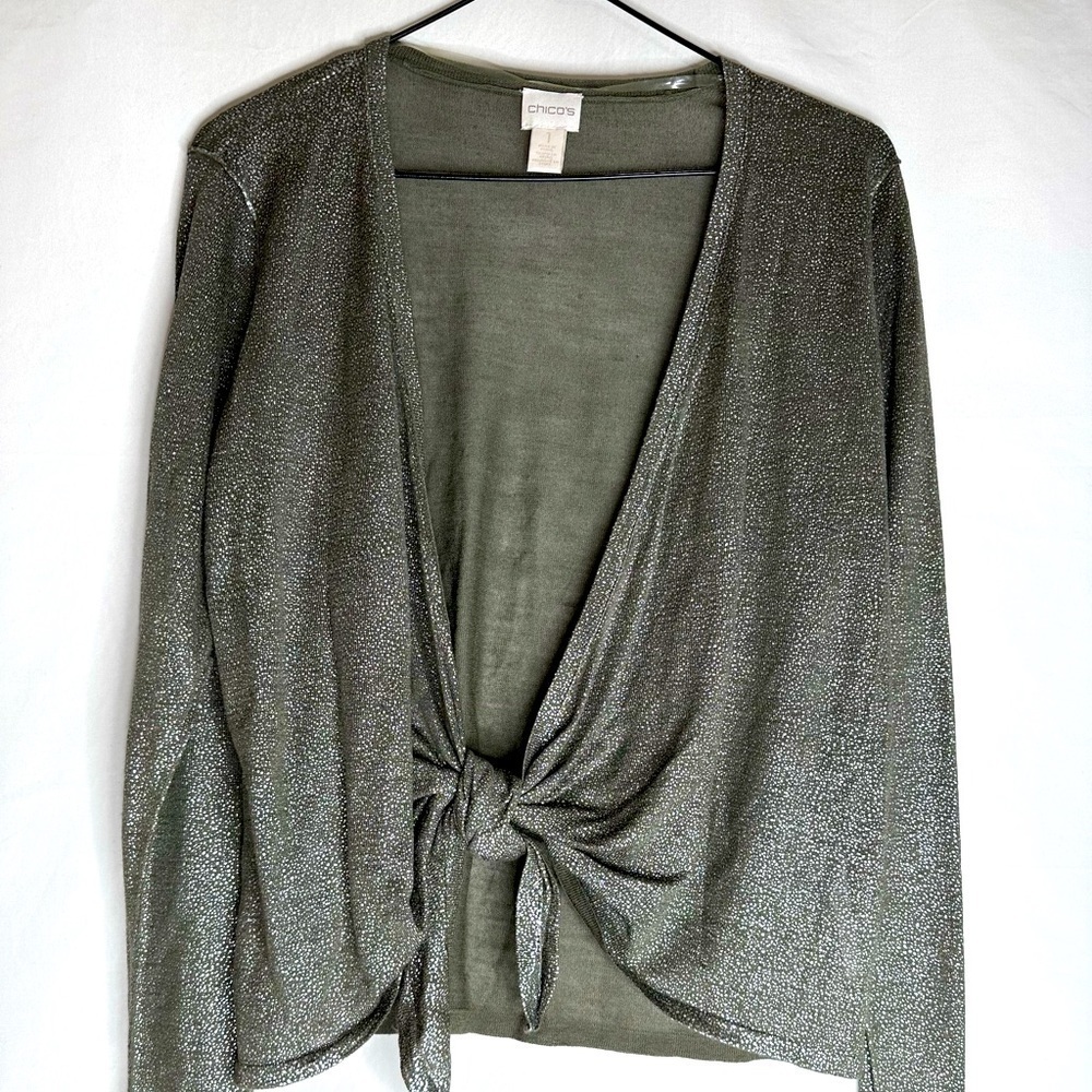 Chico's Olive Green Silver Foil Drape Alyssa Cardigan Women's Size 1
